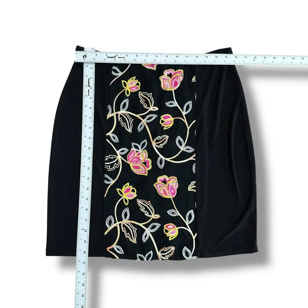 Passports black boho floral embroidery skirt L elastic waist artsy‎ mini